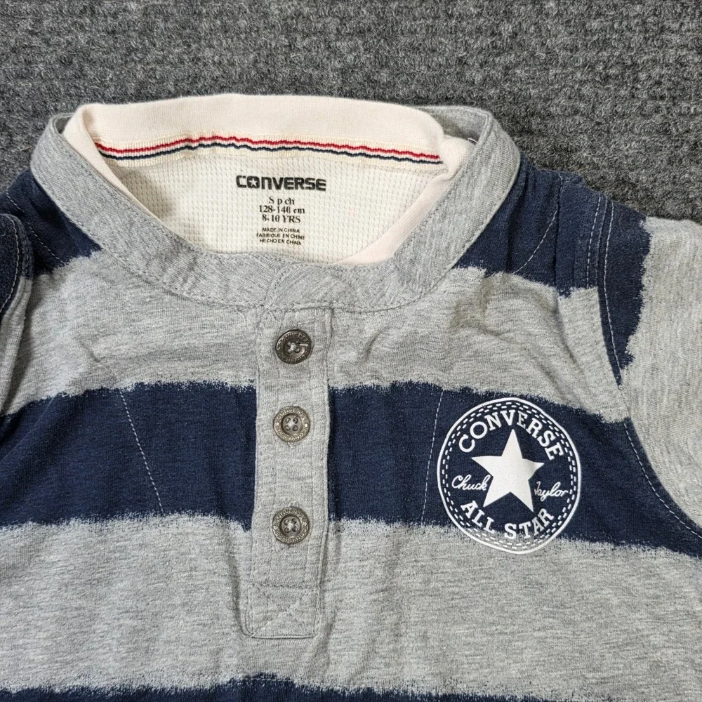 Converse All Star Striped Layered Henley Shirt Boy's Size 8-10 Yrs Grey Navy